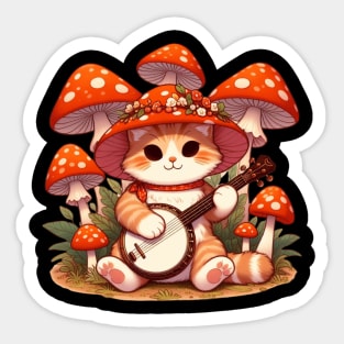 Cute Cottagecore Aesthetic Cat Playing Banjo Mushroom Sticker